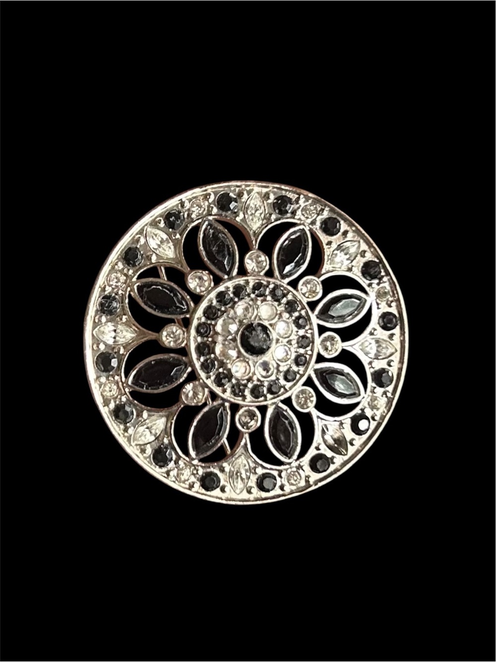 Vintage Signed Liz Claiborne Silver Tone Round Black Rhinestone Brooch